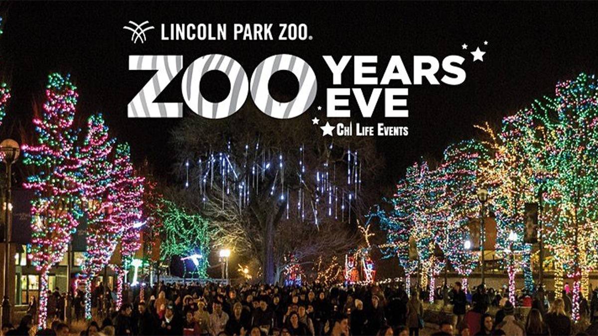 Graphic for Zoo Years Eve at Lincoln Park Zoo with a crowd of people and trees covered in lights in Chicago, Illinois, USA