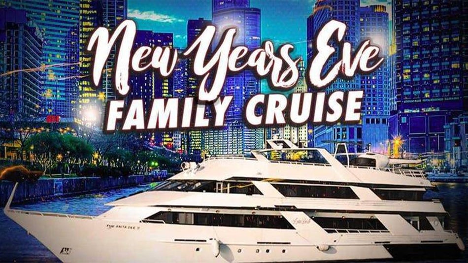 New Years Eve Family Cruise graphic with white lettering and boot with the city of Chicago in the background in Chicago, Illinois, USA