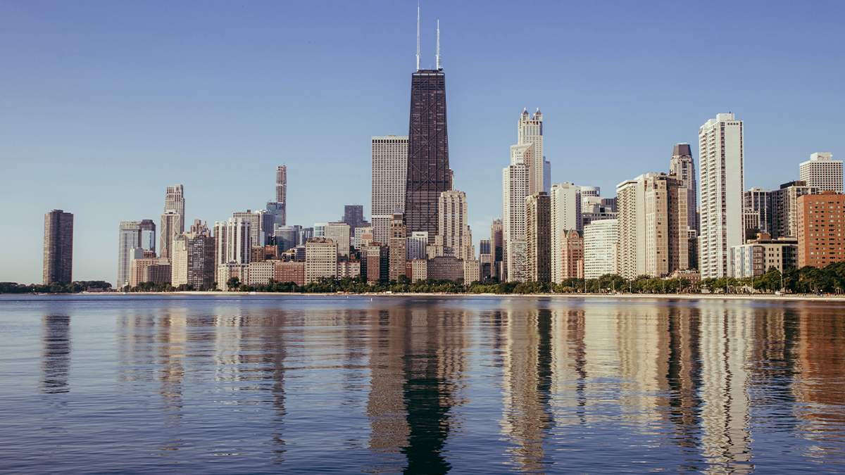 sunny bright day with skyline from ground along lake michigan in Chicago, Illinois, USA