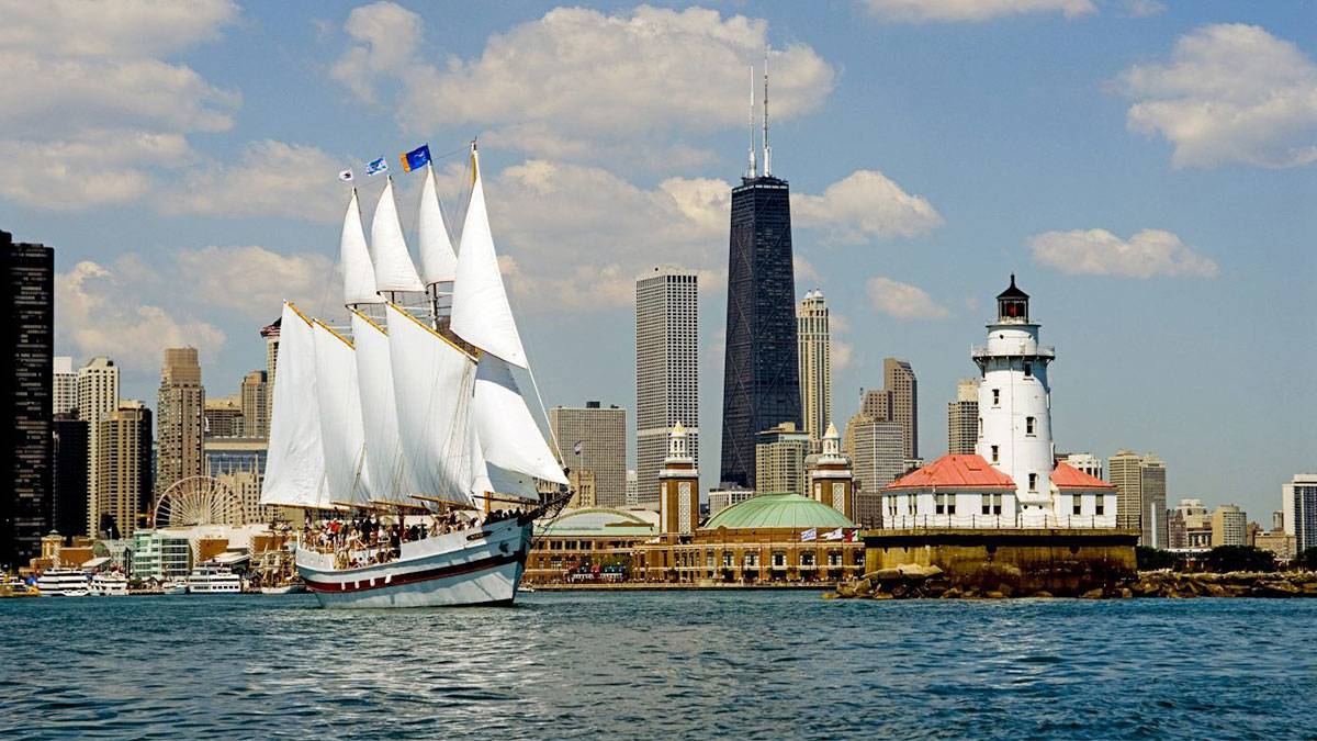 tall ship wendy sailboat in Michigan Lake in front of downtown Chicago, Illinois, USA