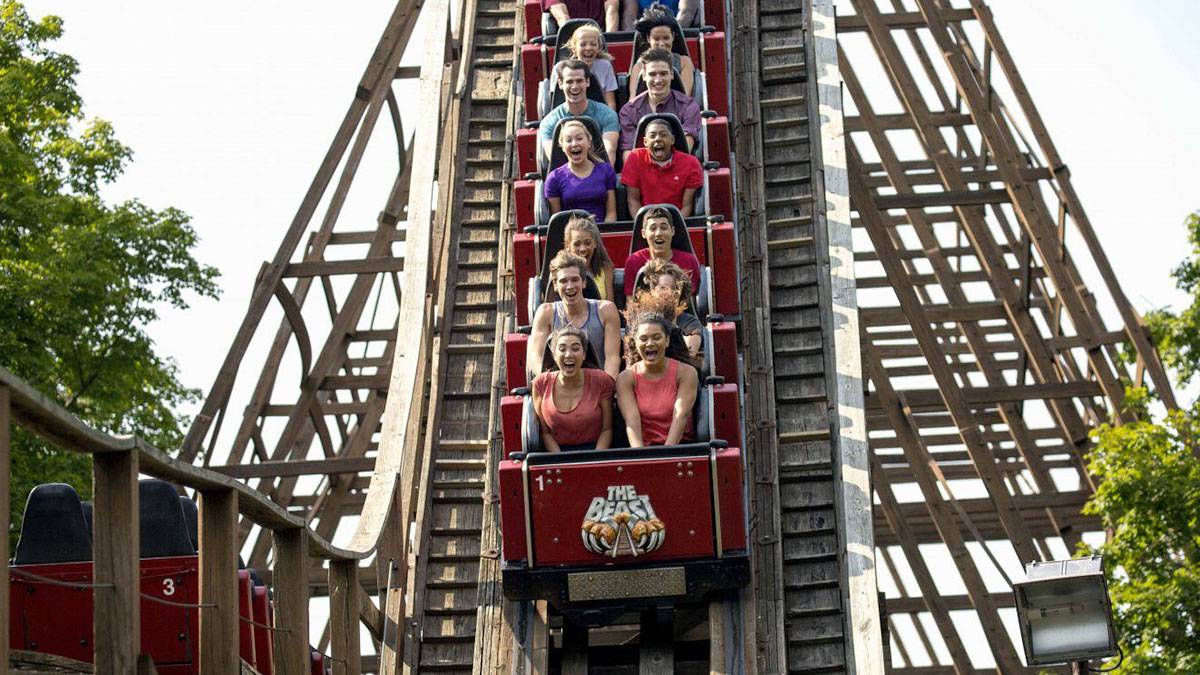 People riding The Beast Roller Coaster at Kings Island - Cincinnati, Ohio, USA