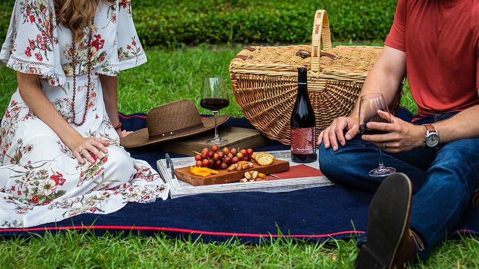 A woman in a white dress and man in a red shirt having a picnic in the park