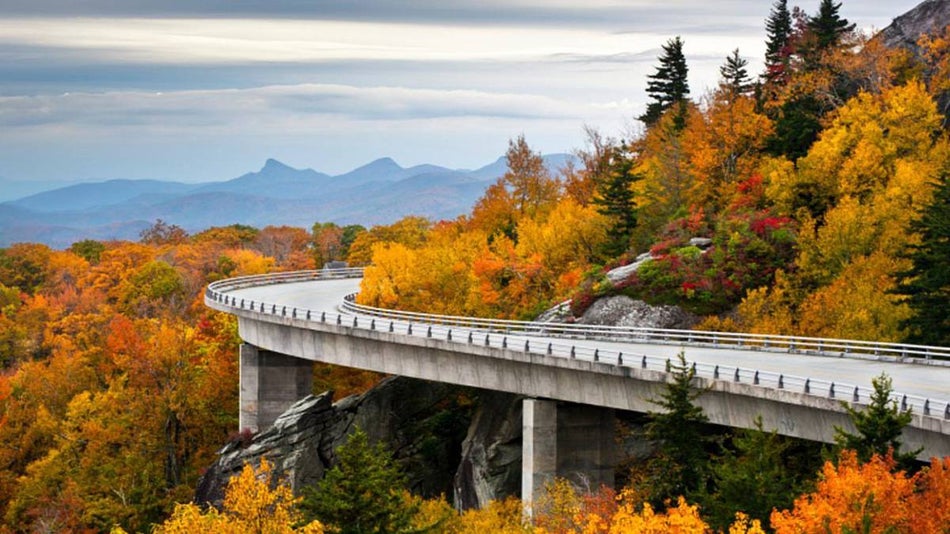 Blue Ridge Parkway Autumn Linn Cove Viaduct Fall Foliage Mountains in Gatlinburg, Tennessee, USA