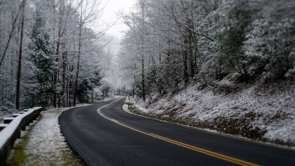 Snowy road during winter in the Great Smoky Mountains