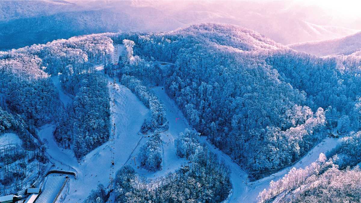 Aerial view of Ober Gatlinburg on a snowy sunny day in Gatlinburg, Tennessee, USA
