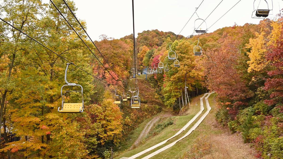 Wide shot of the chairs for the Ober Gatlinburg Scenic Chairlift on a fall day in Gatlinburg, Tennessee, USA