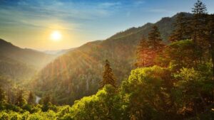 sunrise over The Great Smoky Mountain National Park in the summer in Gatlinburg, Tennessee, USA