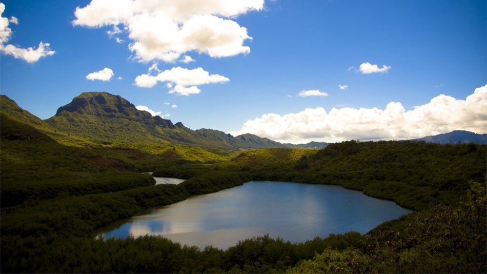 Aerial view of the mountains and water at Menehune Fishpond in Kauai, Hawaii, USA