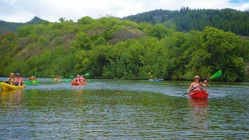 people kayaking through the river on the Wailua River Kayak Tour in Kauaʻi, Hawaii, USA