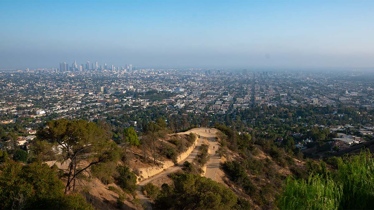 View looking over the city of Los Angeles on a sunny day from the Mount Hollywood Trail in Los Angles, California, USA