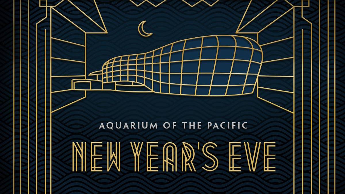 Dark blue and gold graphic with a simple illustration of the Aquarium of the Pacific for New Years Eve in Los Angeles, California, USA