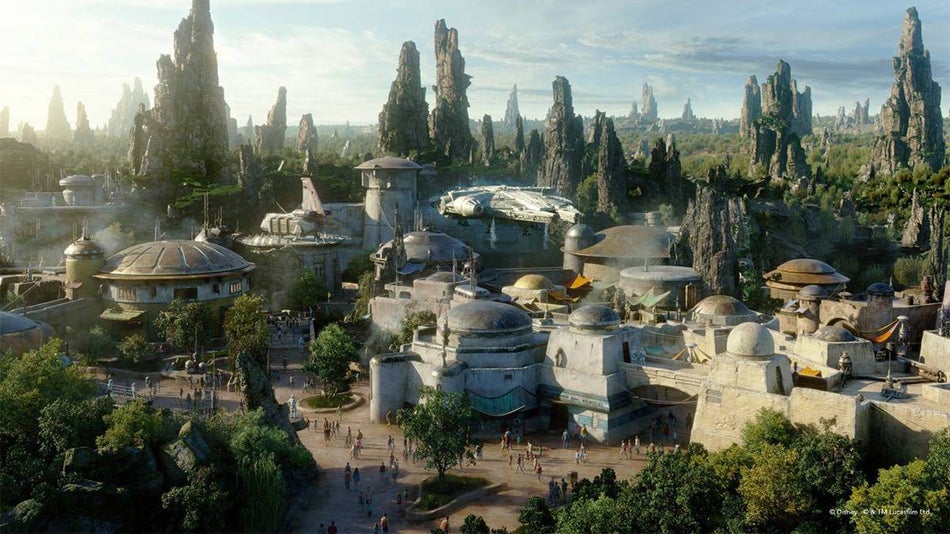 Aerial view of village in Star Wars Galaxy's Edge in Disneyland in Los Angeles, California, USA