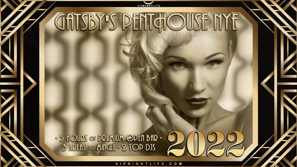 Gold and black graphic for Gatsby's Penthouse NYE Party in Los Angeles, California, USA