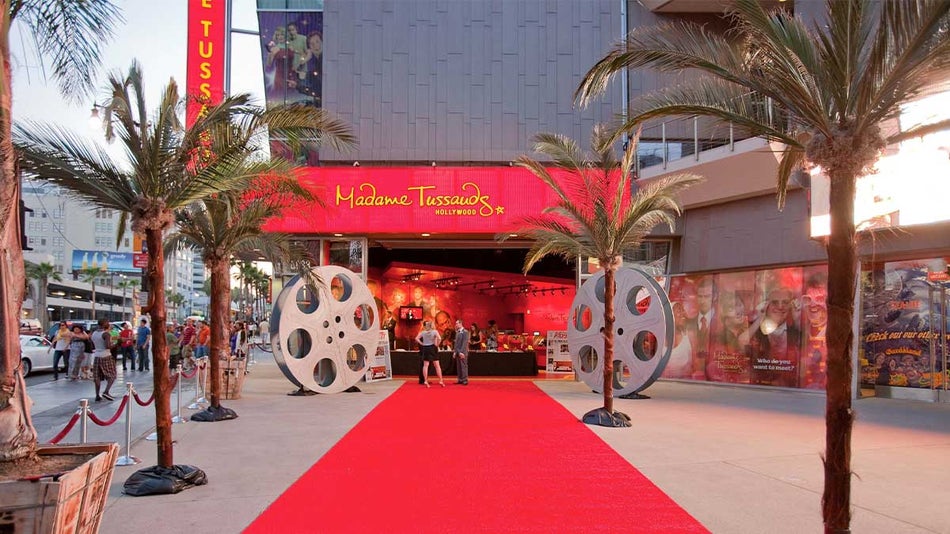 Exterior entrance with red carpet to Madame Tussauds Hollywood in Los Angeles, California, USA