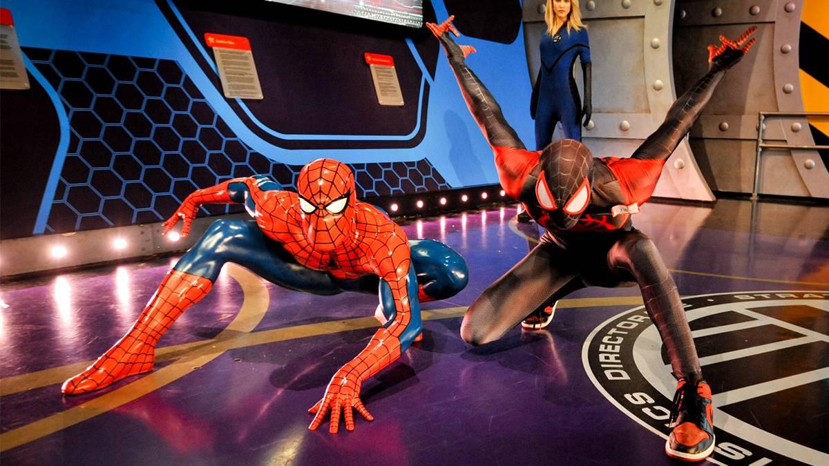 Wax Spider Man and Miles Morales posed next to each other at Madame Tussauds Hollywood in Los Angeles California.