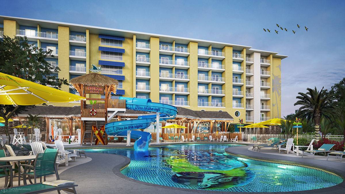 external view of Margaritaville Island Hotel pool and deck in Pigeon Forge, Tennessee, USA