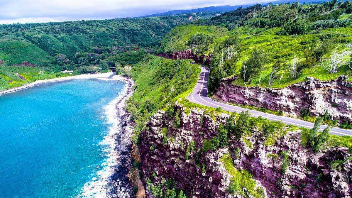 aerial view of Hana Highway along coastline in Maui Hawaii, USA