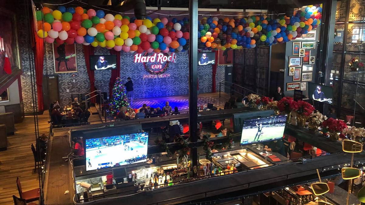 Looking down over the Hard Rock Cafe ready for their New Years Eve celebration in Myrtle Beach, South, Carolina, USA