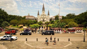 View of St Louis Cathedral in Jackson Square in the French Quarter in New Orleans Louisiana USA