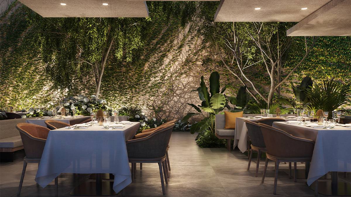 A dining room with white cloth covered tables and light brown chairs and large wall covered in wines and other plants in pots near it at Le Pavillon in NYC, New York, USA