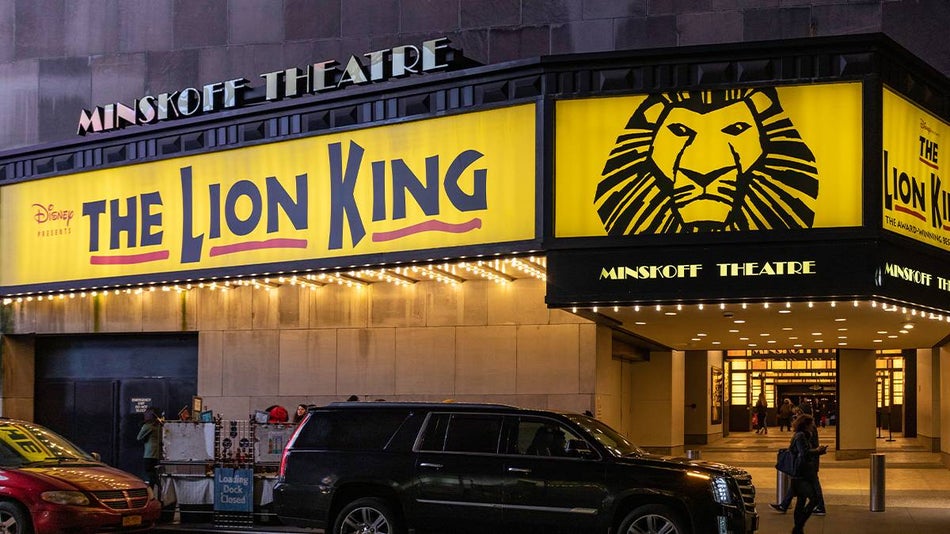 View looking up at the sign outside of the Minskoff Theatre with a large sign for The Lion King the Musical on Broadway in NYC, New York, USA