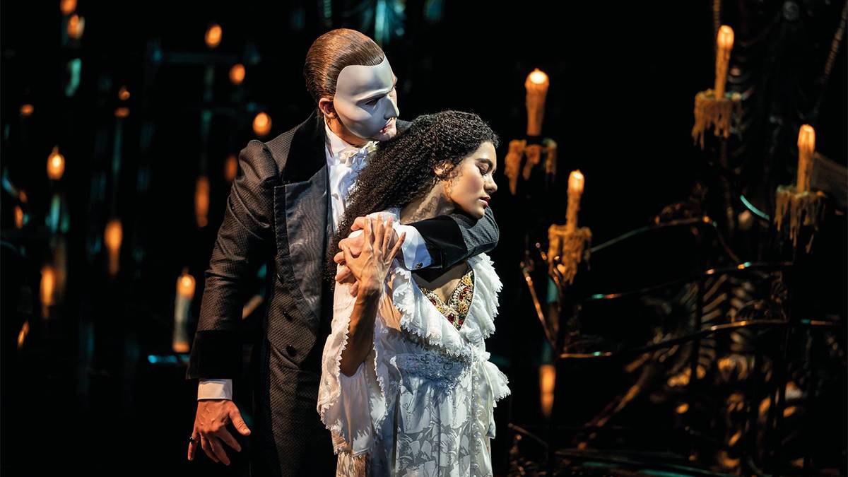 Close up photo of the two main characters in the Phantom of the Opera on Broadway in NYC, New York, USA
