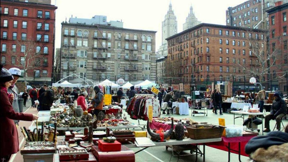 Ground view of tents set up at The Green Flea Market in NYC, New York USA