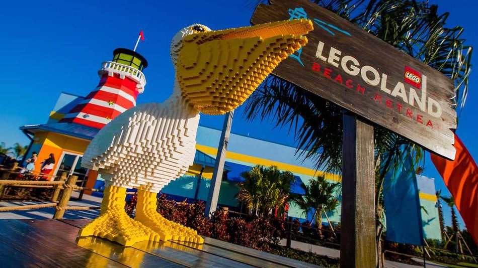 Exterior view of LEGOLAND Beach Retreat sign with Lego Pelican in Orlando, Florida, USA