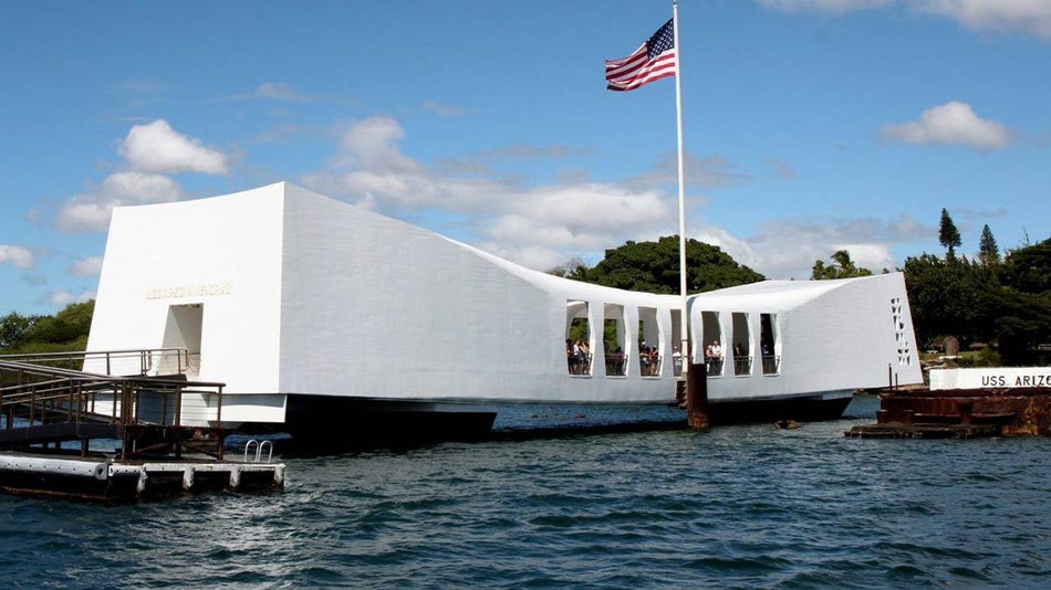 External View of Pearl Harbor National Memorial with American flag flying on Oahu, Hawaii, USA