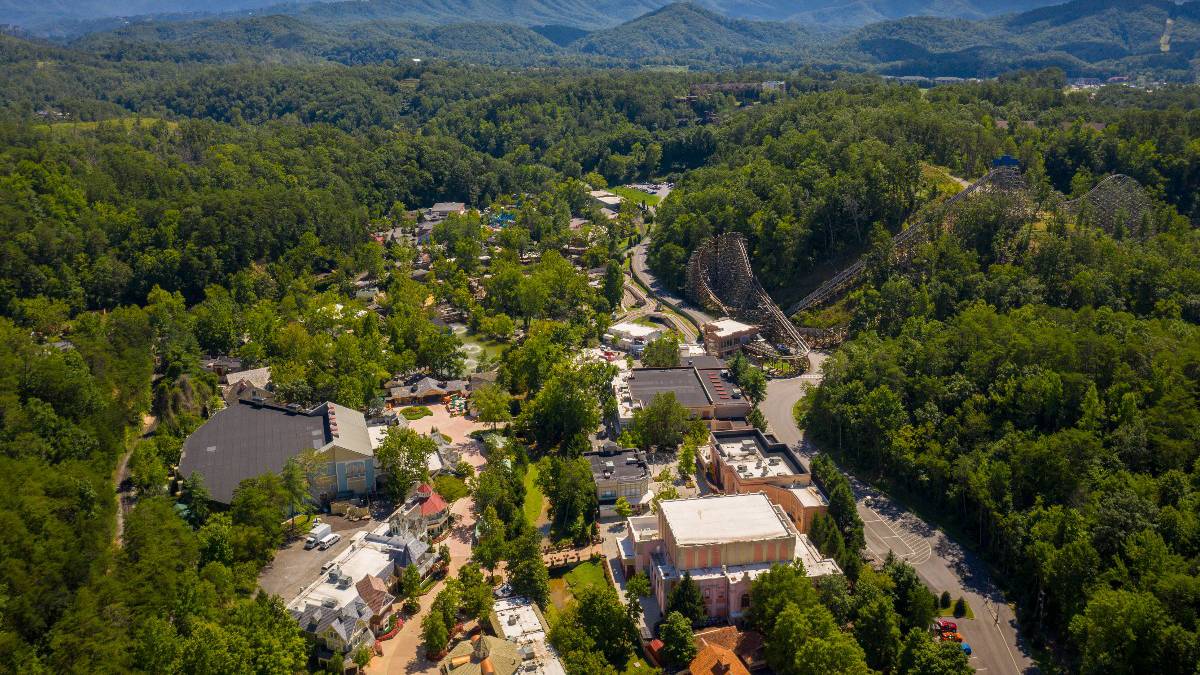 Aerial view looking down over Dollywood on a sunny day in Pigeon Forge, Tennessee, USA
