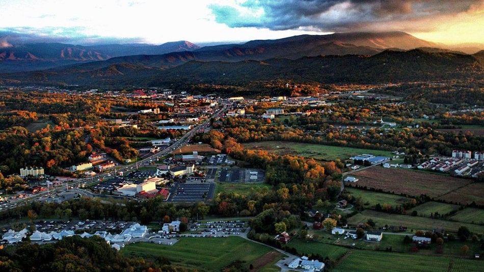 Aerial view overlooking the Great Smoky Mountains and downtown Pigeon Forge, Tennessee, USA