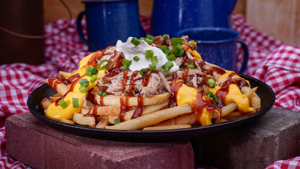Close up of loaded barbecue cheese fries from Miss Lillian's at Dollywood in Pigeon Forge, Tennessee, USA