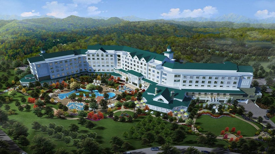 Aerial drone view of Dollywood Dreammore Resort in Pigeon Forge, Tennessee, USA