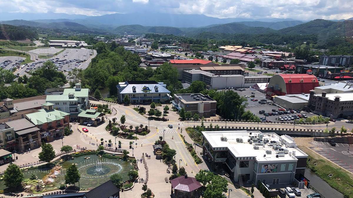 aerial view over Pigeon Forge, Tennessee, USA, from The Great Smoky Mountain Wheel