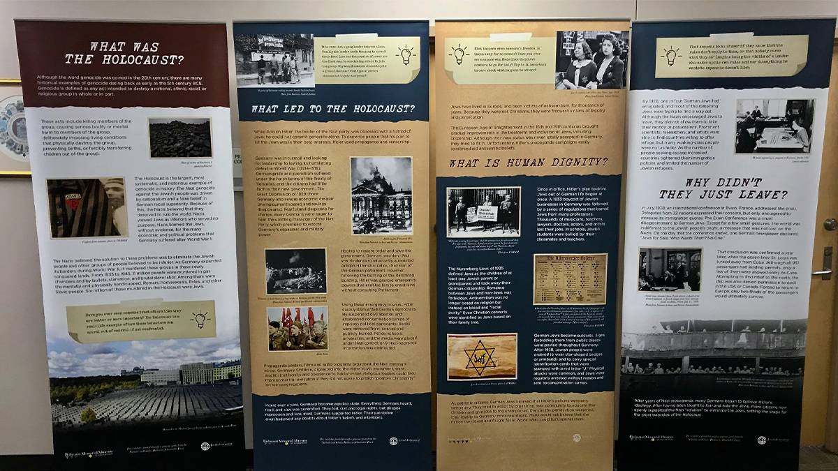 Close up of an exhibit at the Holocaust Memorial Museum of San Antonio with photo spread throughout in San Antonio, Texas, USA