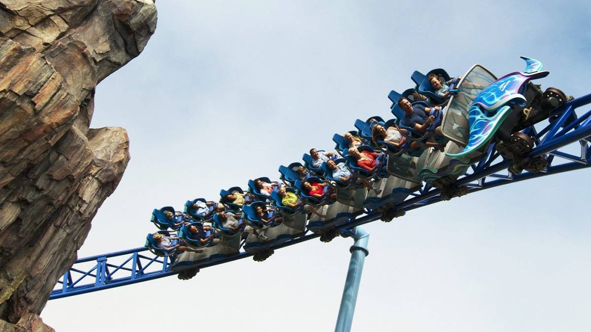 Guests on the Manta Roller Coaster at SeaWorld in San Diego, California, USA