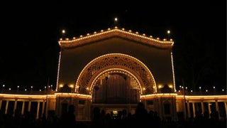 Lit up entrance to Balboa Park at Night - San Diego, California, USA