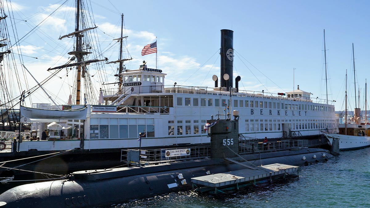 exterior view of the Berkeley Ferry and the USS Dolphin at the Maritime Museum in San Diego, California, USA