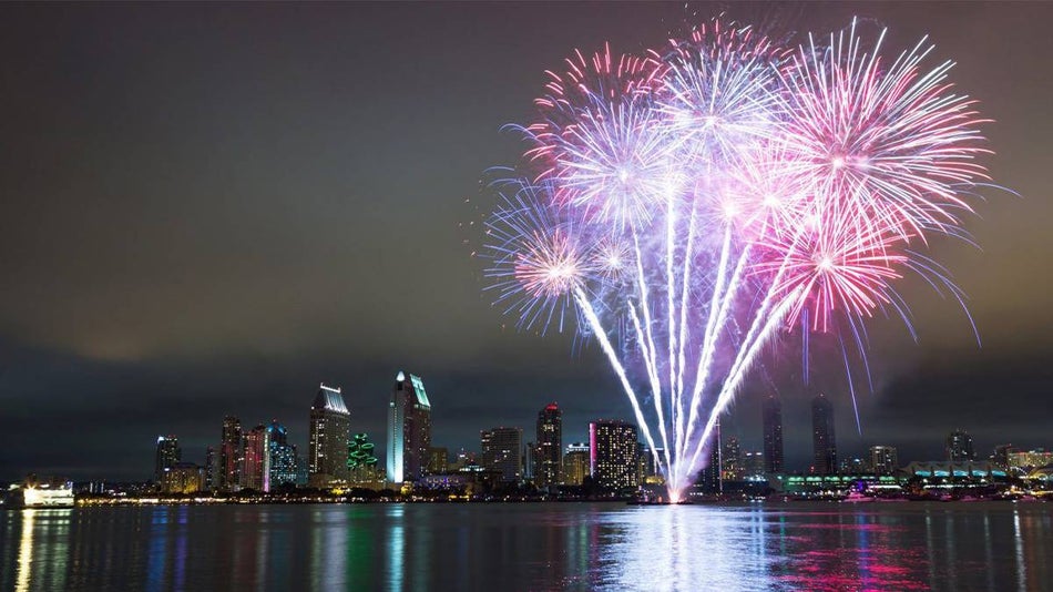 San Diego, California, USA 4th of July fireworks over skyline. Long exposure night capture.