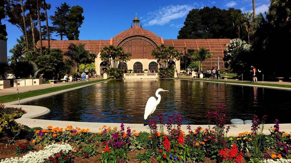 View of water and gardens at Balboa Park in San Diego, California, USA