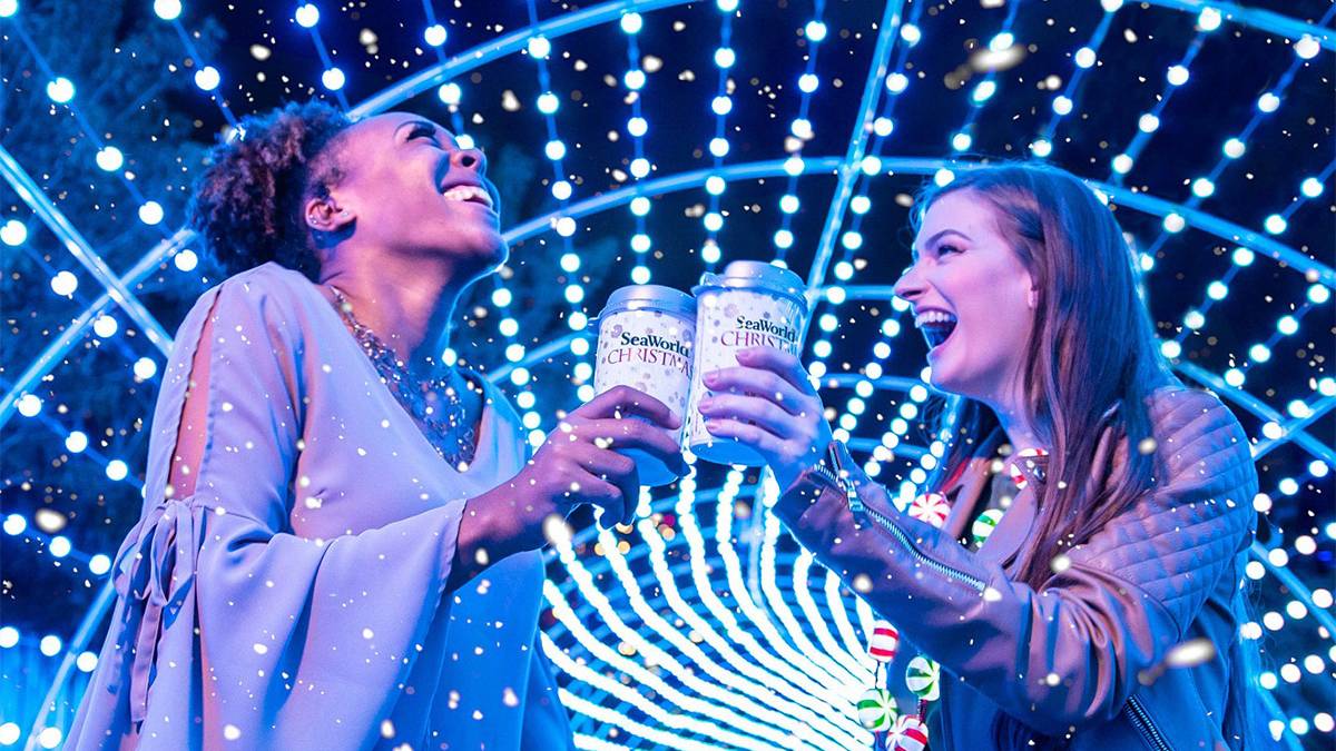 Close up photo of two women cheering their coffees together under an arch of blue lights at SeaWorld in San Diego, California, USA