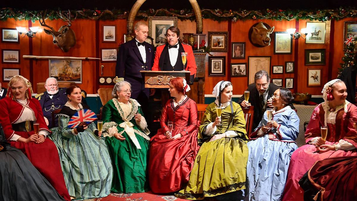 Close up photo of actors drinking at the The Great Dickens Christmas Fair in San Francisco, California, USA
