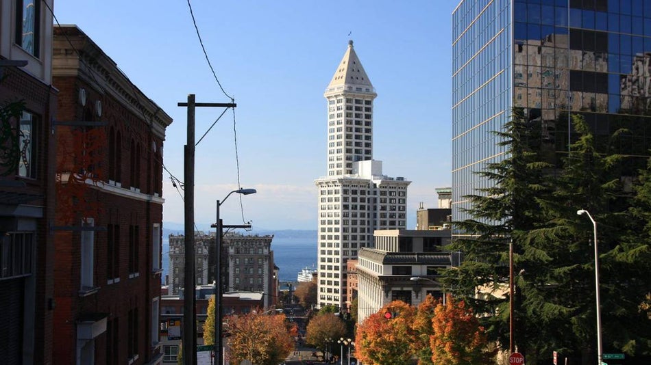 View of Smith Tower with fall and autumn trees lining the streets in Seattle, Washington, USA