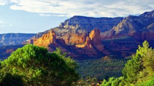 Aerial overview of red rocks on a summer day in Sedona, Arizona, USA