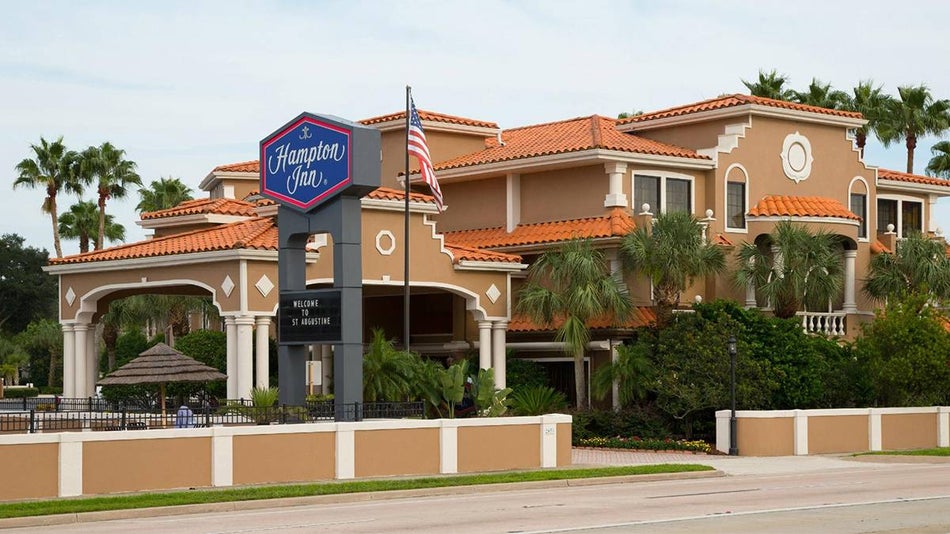 Wide shot of the exterior of the Hampton Inn in the historic district of St. Augustine, Florida, USA