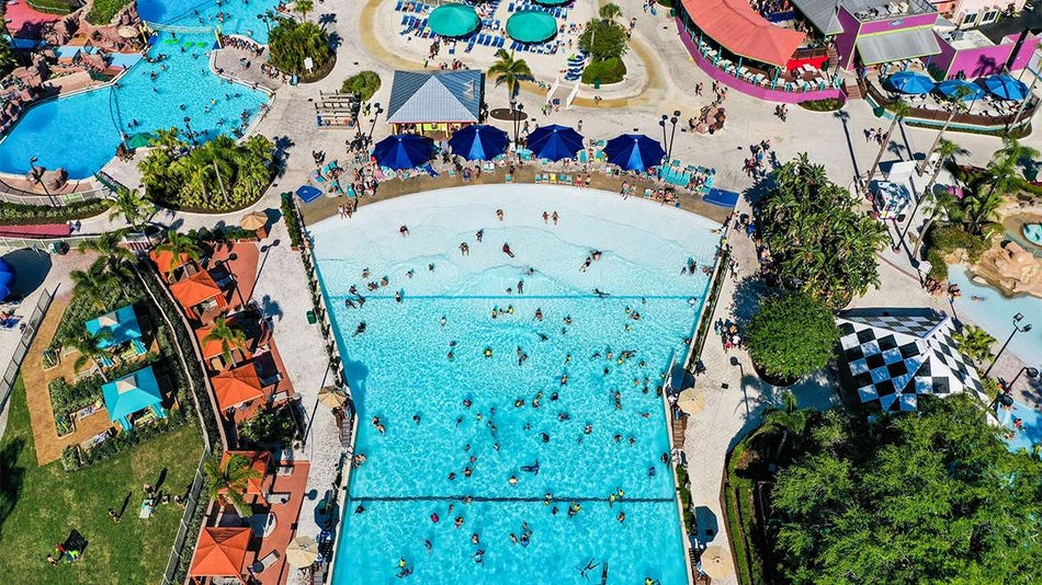 Aerial view Adventure Island's splash pool on a sunny day in Tampa, Florida, USA