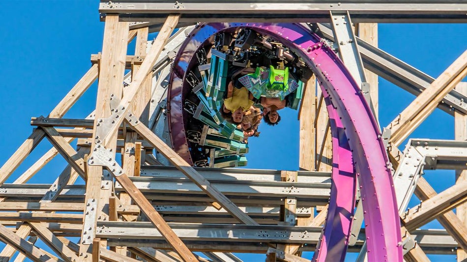 Close up of people upside down on Iron Gwazi, a new coaster at Busch Gardens Tampa on a sunny day in Tampa, Florida, USA