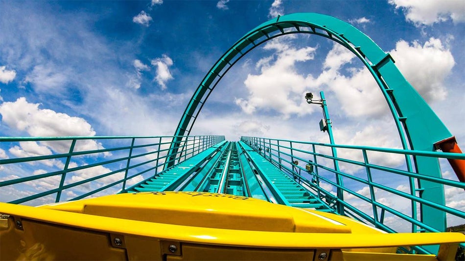View looking up the Kumba roller coaster at Busch Gardens Tampa, Florida, USA