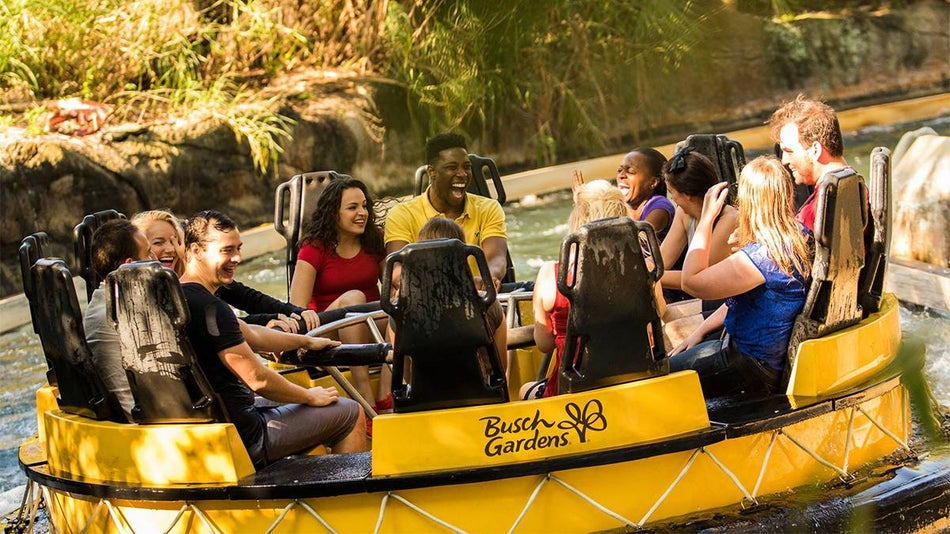close up of guests riding the Congo River Rapids ride at Busch Gardens Tampa, Florida, USA