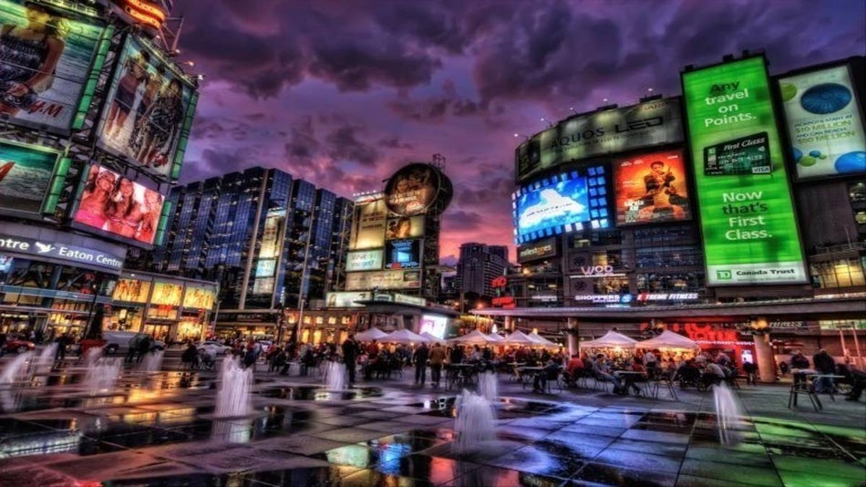 Yonge-Dundas Square with lights at night in Toronto, Ontario, Canada